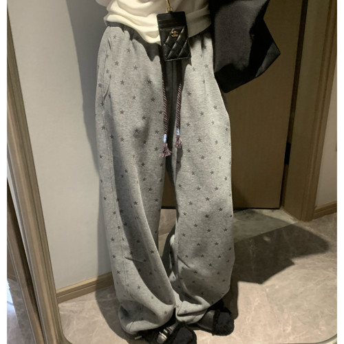 Morden 美式星星图案两穿运动裤女春季卫裤高腰宽松拖地直筒