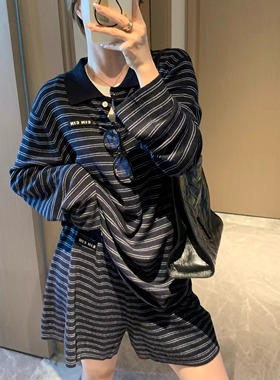 减龄miu系穿搭翻领条纹polo衫+短裤宽松休闲羊毛针织套装