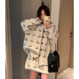 Morden 羊毛樱桃开衫中裙套装 甜美复古提花松弛氛围感针织两件套