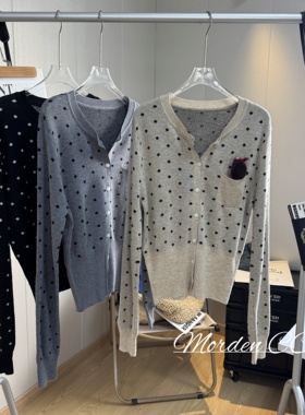 亏清！  韩系减龄上衣圆领波点针织开衫女修身显瘦短款毛衣