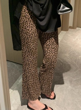 入秋轻薄款小众火辣风复古豹纹裤女初秋垂感裤显瘦微型喇叭裤