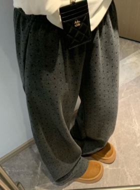 Morden 冬季韩系撞色波点休闲裤加绒加厚miu系显瘦直筒裤女