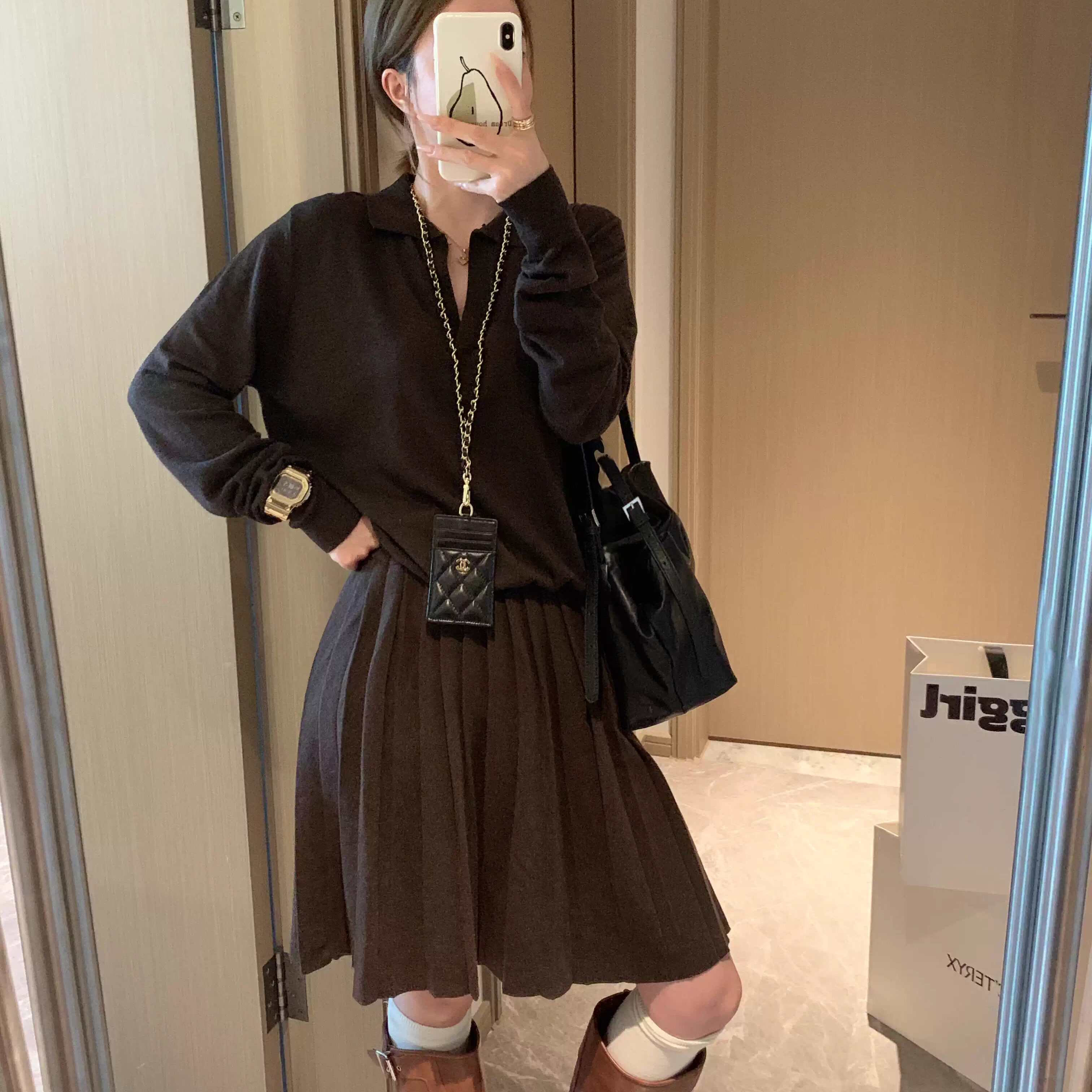 韩系老钱风气质polo长袖针织衫+高腰百褶半身裙两件套套装女