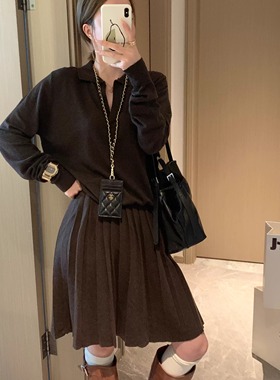 韩系老钱风气质polo长袖针织衫+高腰百褶半身裙两件套套装女