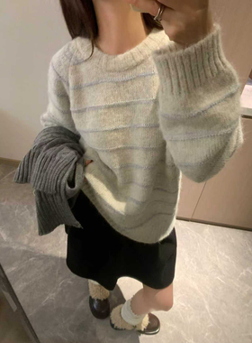 Morden 韩国东大门秋冬新款针织条纹圆领宽松毛衣女休闲百搭上衣