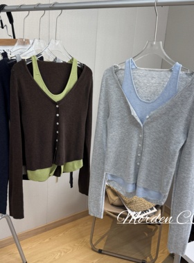 撞色圆领针织衫假两件吊带衫女2025秋季新款显瘦打底衫上衣