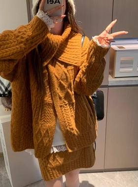 Morden 大翻领绞花开衫 重工复古氛围慵懒针织毛衣外套上衣裙子女