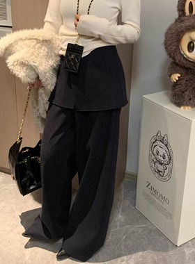 Morden 韩系小众设计款洋气屁帘裤女加绒假两件拼接直筒裤冬季