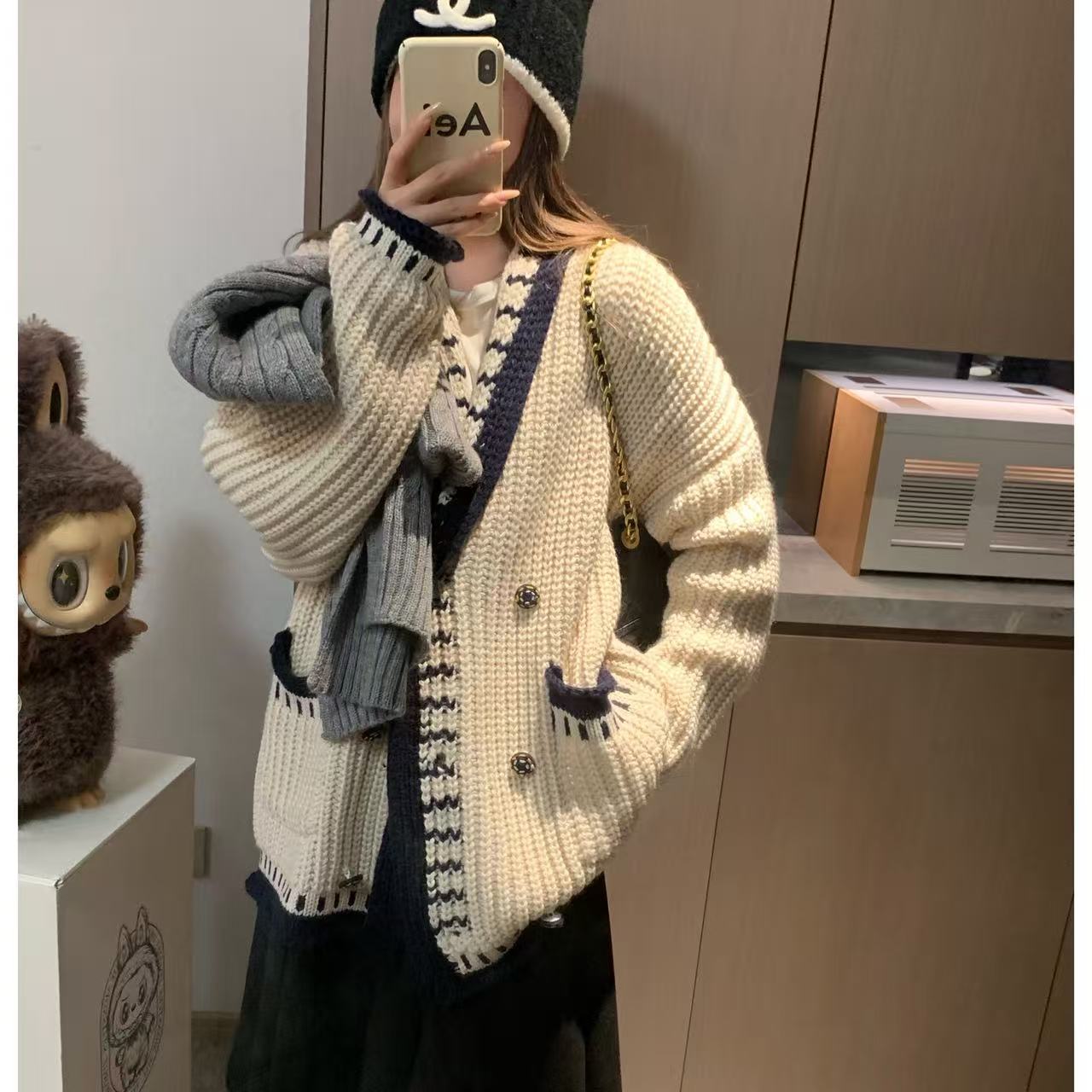 Morden 设计感 翻领双排扣毛衣外套女撞色羊毛粗线加厚保暖开衫