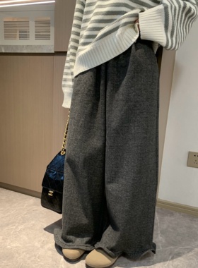 Modern 春季衔接 磨毛加厚面料 韩系格纹木耳边阔腿裤休闲裤女