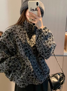 Morden 超火减龄灰色豹纹毛呢外套女2025秋冬小个子拉链外套ins