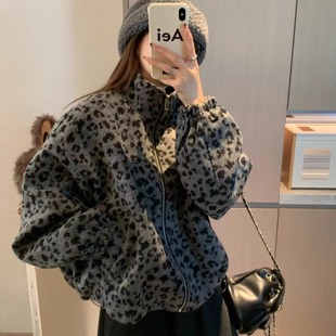 Morden 超火减龄灰色豹纹毛呢外套女2025秋冬小个子拉链外套ins