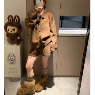 Morden 秋冬时髦 韩系miu风懒人加厚翻领针织外套+短裤两件套装