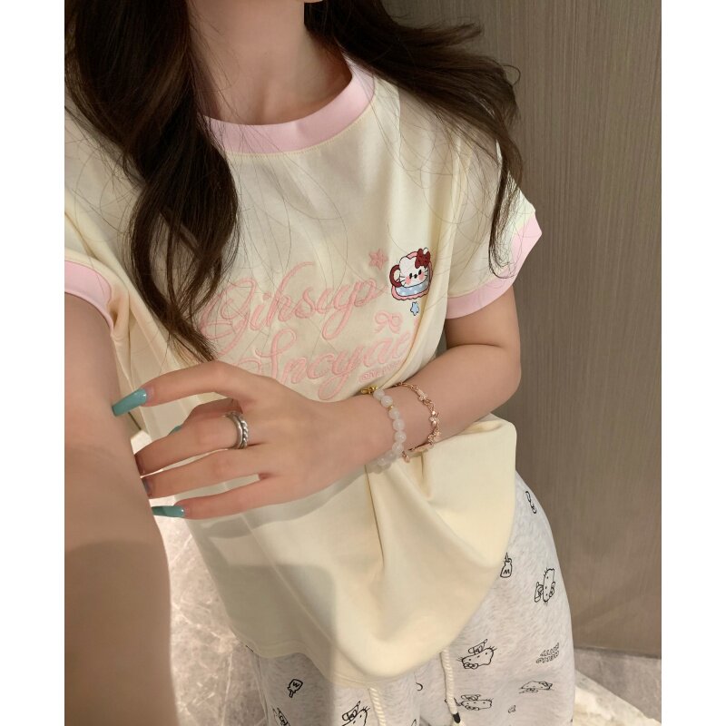 MORDEN 新款奶油黄撞色粉领短袖T恤女卡通刺绣KT猫少女感上衣