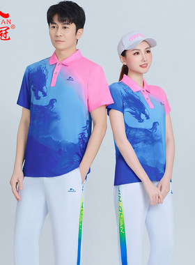 晋冠中国龙图案夏季短袖速干t恤运动套装男女休闲时尚速干团体服