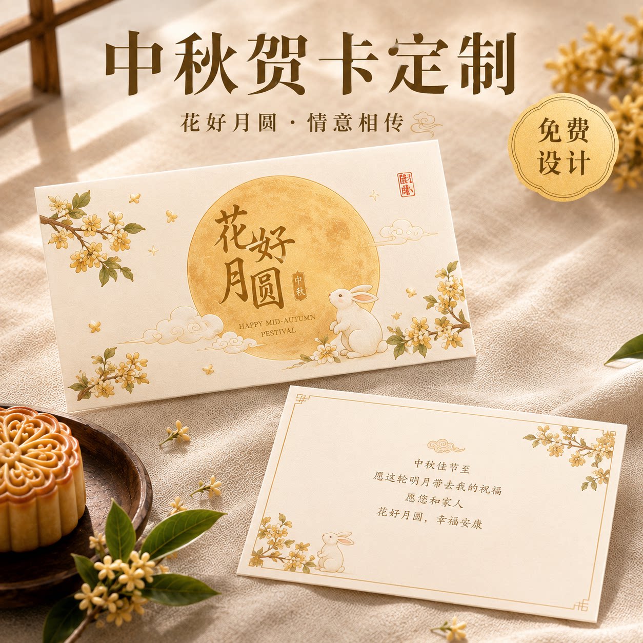 中秋贺卡定制高端烫金卡片设计月饼伴手感谢卡企业节日答谢卡片