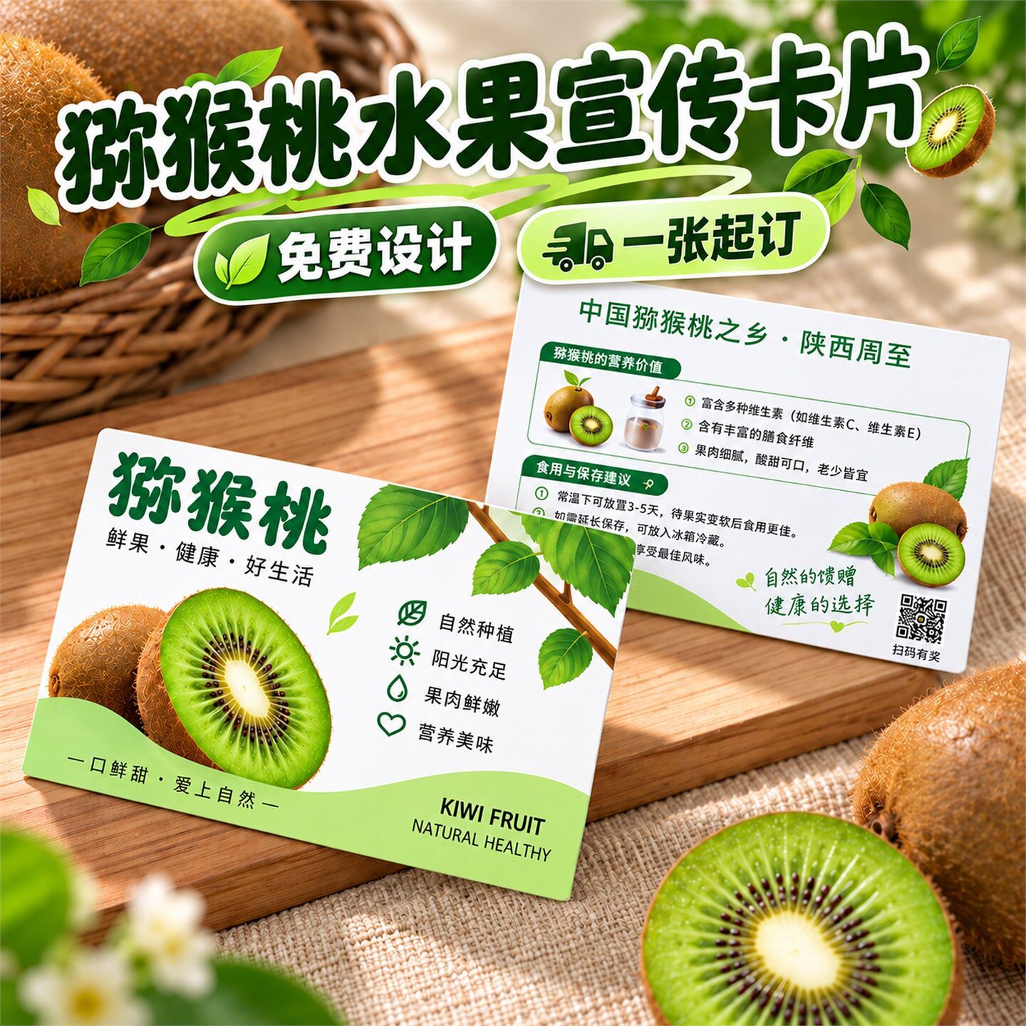 猕猴桃卡片定制水果宣传明信片售后服务卡logo设计温馨提示异形卡
