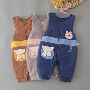 宝宝背带棉裤夹棉保暖裤外穿婴儿背带裤裆部按扣可开裆连身裤秋冬