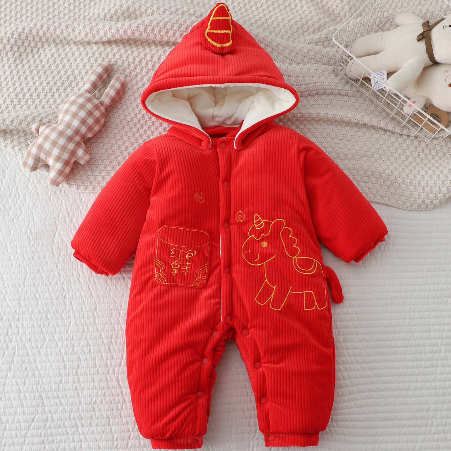 男女宝宝连体衣婴儿哈衣秋冬夹棉保暖棉衣红色拜年服喜庆外出抱衣