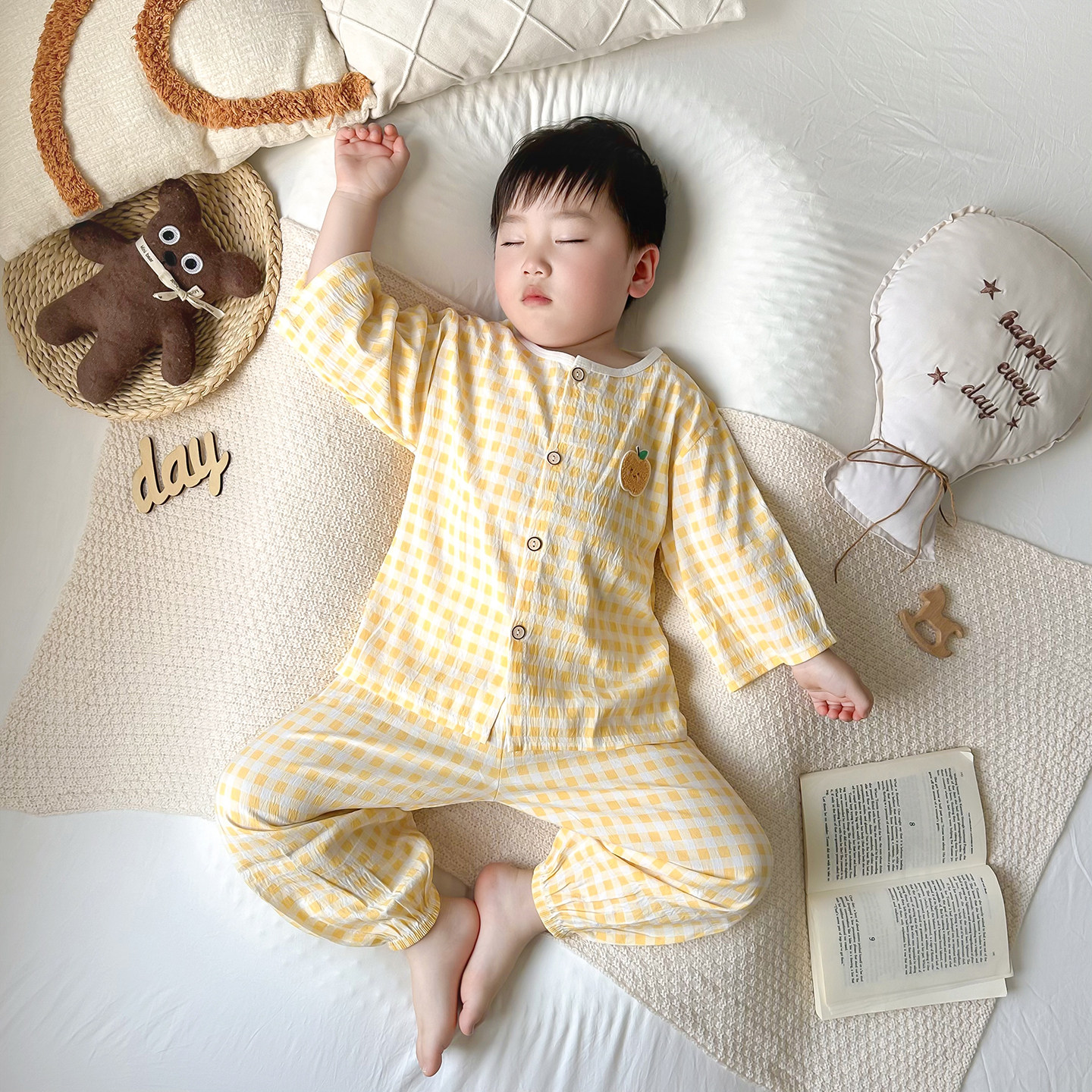 宝宝开衫格子家居服套装夏薄男女童睡衣上衣裤子儿童空调服春夏秋