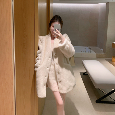 ByYou 冬季新款杏色仿貂绒环保皮草外套女中长款皮毛一体毛毛大衣