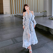 ByYou V领长裙 气质蓝色雪纺露肩挂脖碎花连衣裙收腰薄款 夏季 新款