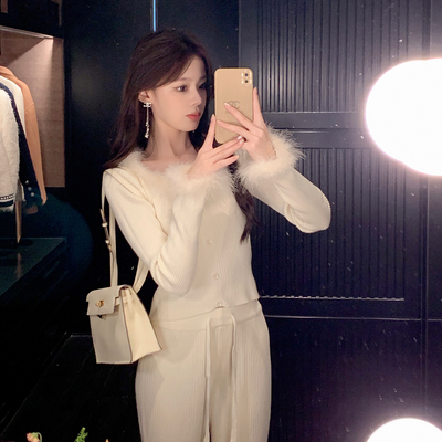 袖口领口鸵鸟毛装饰针织打底毛衣