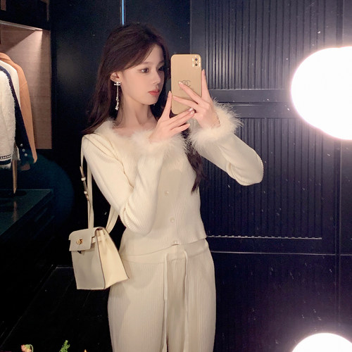 袖口领口鸵鸟毛装饰针织打底毛衣