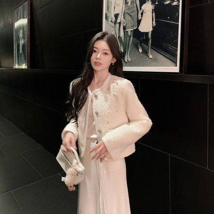 ByYou 冬季新款法式重工小香白色毛呢外套女短款羽绒内胆呢子大衣