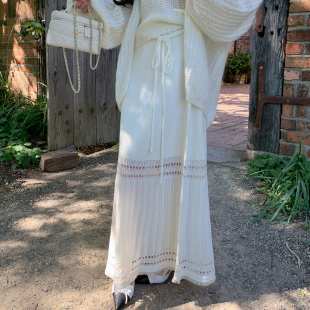 ByYou 早春波西米亚流苏镂空兔绒白色针织半身长裙垂感直筒毛衣裙