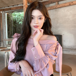 ByYou 灯笼袖 斜肩露肩粉色醋酸衬衫 上衣女蝴蝶结绑带气质衬衣 新款