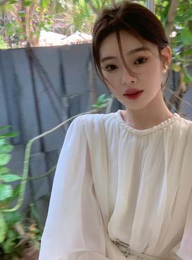 ByYou 夏季气质仙气白色雪纺衫上衣女收腰中长款高级感泡泡袖衬衫