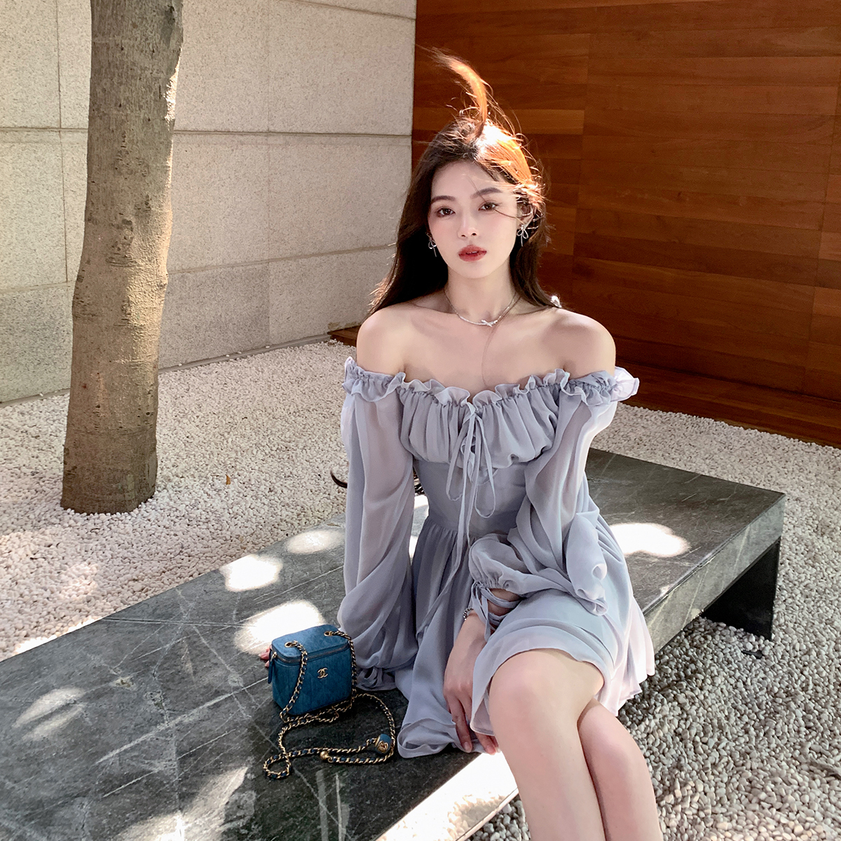 ByYou 2025新款法式一字肩雪纺连衣裙短款灯笼袖木耳边收腰仙女裙