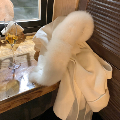 大狐狸毛领百分百羊毛连帽大衣