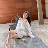 2026新款 雪纺衫 夏季 收腰显瘦长袖 花苞白色一字肩上衣女薄款 ByYou