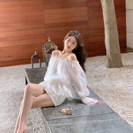 ByYou 2025新款夏季花苞白色一字肩上衣女薄款收腰显瘦长袖雪纺衫