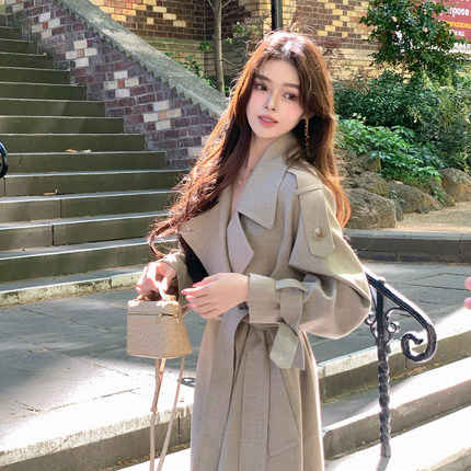 ByYou 冬季赫本风夹棉加厚羊毛毛呢外套女长款收腰大翻领呢子大衣