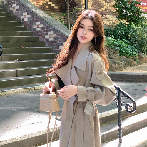 ByYou 冬季赫本风夹棉加厚羊毛毛呢外套女长款收腰大翻领呢子大衣