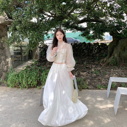 ByYou 秋冬新款天丝羊毛针织白色半身裙长款抽绳松紧高腰显瘦裙子