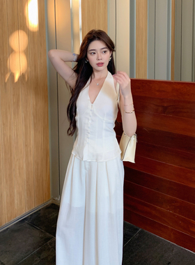 ByYou夏季老钱风v领挂脖白色棉麻马甲上衣套装女高腰阔腿裤两件套