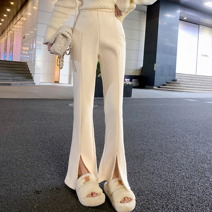 ByYou 冬季婴儿绒白色毛呢裤女高腰垂感加厚阔腿裤显瘦开叉喇叭裤