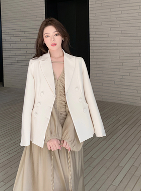 ByYou 春夏新款修身法式双排扣白色西装外套女高级感收腰休闲西服