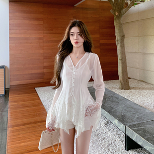两件套装 雪纺衬衫 女v领吊带背心内搭 白色蕾丝花边喇叭袖 ByYou秋季