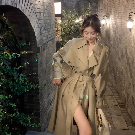 ByYou 秋冬季加厚夹棉卡其色风衣外套女中长款收腰英伦风休闲大衣