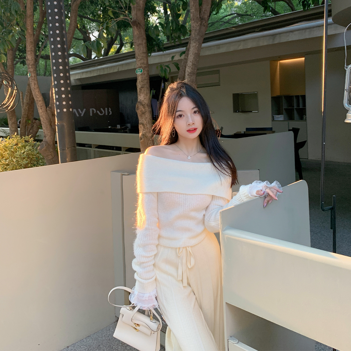 一字肩毛衣蕾丝袖口女