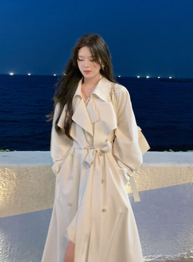 ByYou 春季新款高级白色风衣外套女中长款收腰垂感英伦风休闲大衣