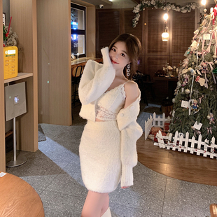 ByYou 秋冬白色泡泡袖羊驼毛针织开衫女短款高腰显瘦半身裙两件套