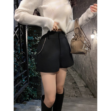 ByYou冬季新款黑色高腰西装短裤女宽松阔腿百搭显瘦显腿长A字靴裤