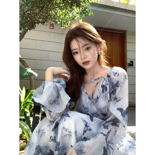 ByYou春季新款气质法式v领天丝蓝色碎花连衣裙收腰荷叶袖印花长裙