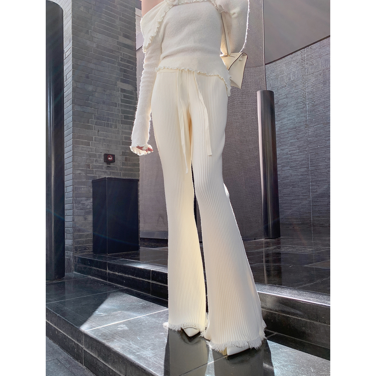 byyou柔软高腰微喇针织阔腿裤